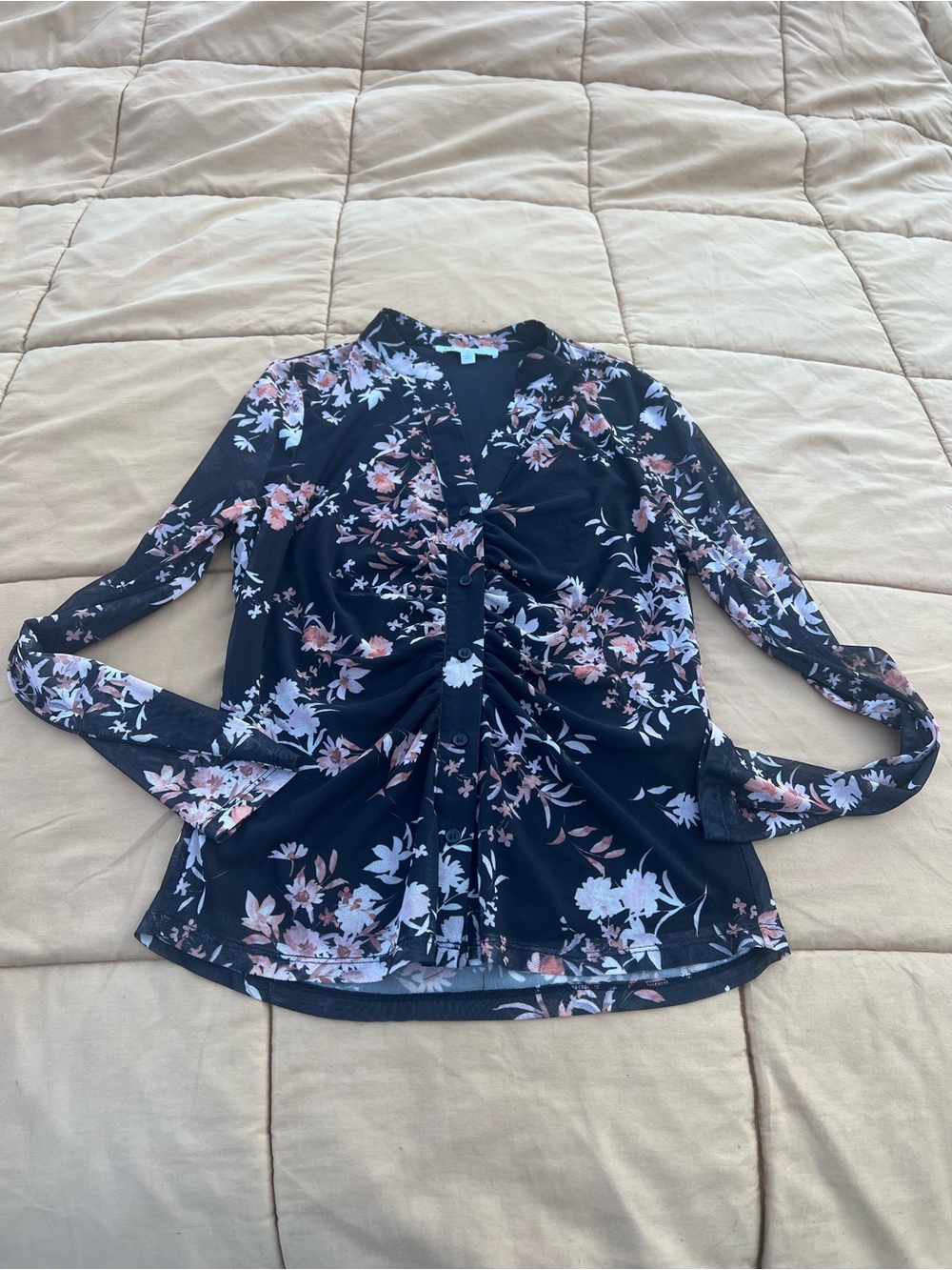 Y2K Ruched Mesh Sheer Sleeve Black/Salmon Floral Button Front Top Size M